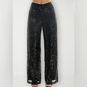 Premier Amour Sequin Womens Mid Rise Wide Leg Pull-On Pants Black L NWT